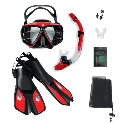 Mask Fins Snorkel Set, Snorkeling Gear for Adults, Panoramic View Snorkel Mask Anti-Fog, Adjustable Dive Flippers, Dry Top Snork