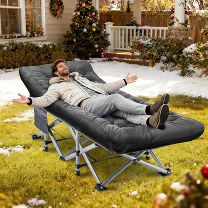 Portable Camping Cot with Mattress, Pillow & Bag for Adults - 600 LBS Capacity, Grey+Black