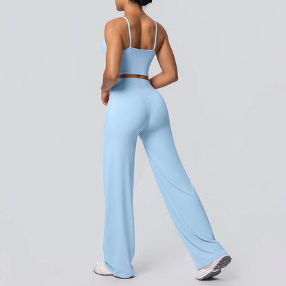 Women Quick Drying Gym Sports Fitness Clothing Yoga Set Backless Sexy Strap Bra with Chest Pad High Waisted Wide Leg Pants Set