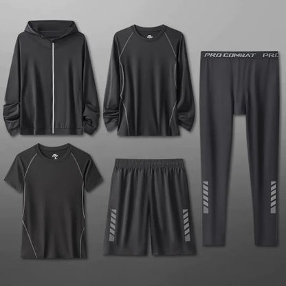 Quick Drying Sports Suits Four Piece Set for Men's Breathable Gym 5 PCS Clothes Tight Fitting Equipment Morning Running Sets