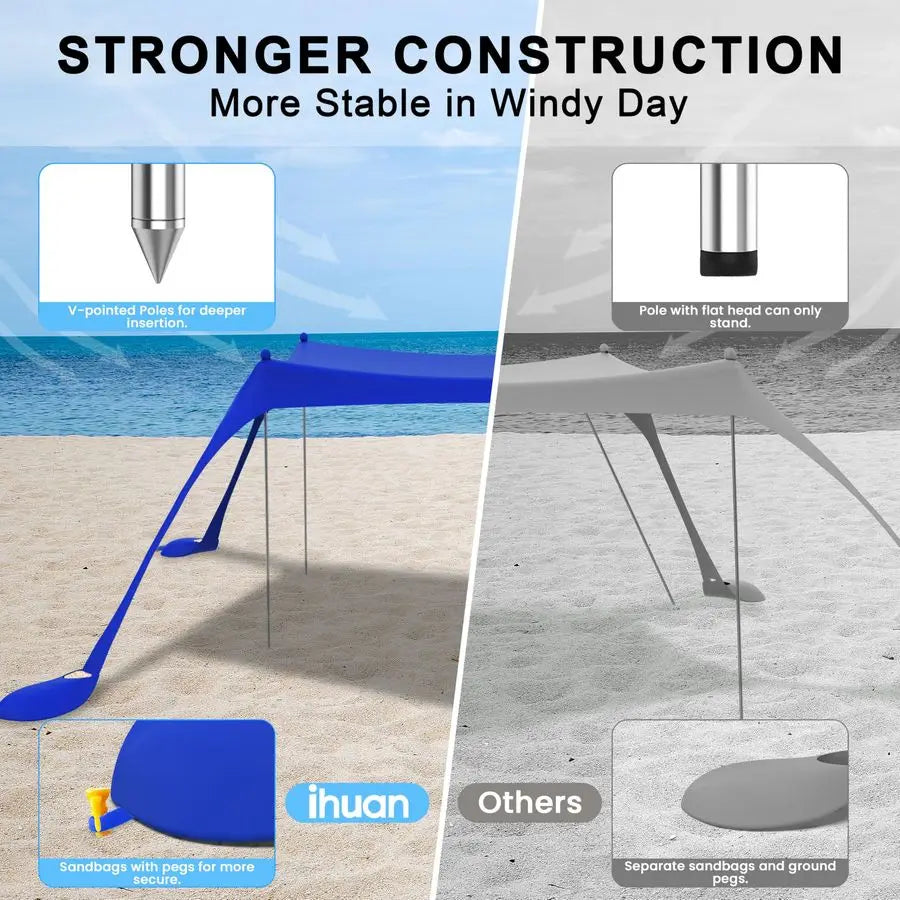 Beach Tent Sun Shelter 10X10FT UPF50 with 4 Aluminum Foldable Poles, Easy Setup Outdoor Shade Canopy for 8 Person, Camping Sun S