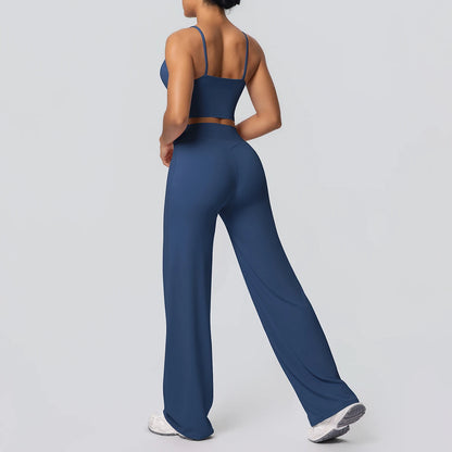 Women Quick Drying Gym Sports Fitness Clothing Yoga Set Backless Sexy Strap Bra with Chest Pad High Waisted Wide Leg Pants Set