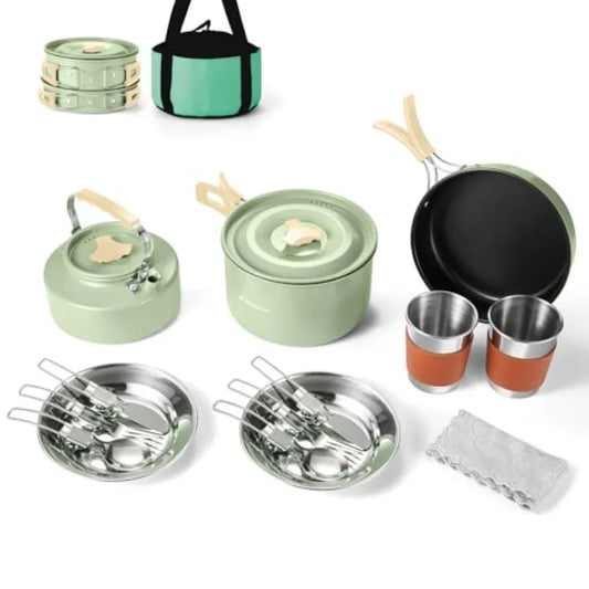 Odoland 15pcs Camping Cookware Mess Kit Non-Stick Lightweight Pot Pan Kettle Set with Stainless Steel Cups Plates Forks Knives