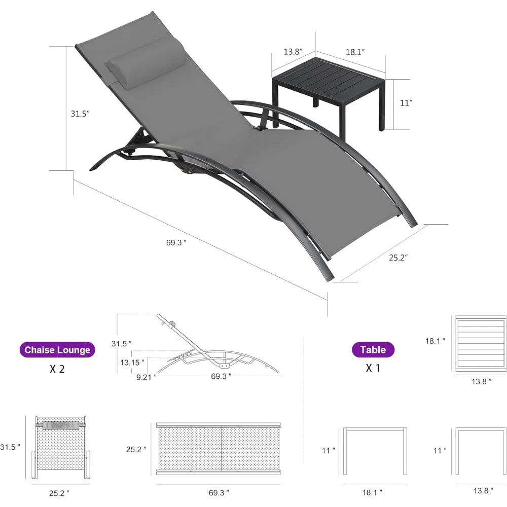 Patio Chaise Lounge Set of 3 Outdoor Lounge Chair Beach Pool Sunbathing Lawn Lounger Recliner Chiar Outside Tanning Chairs