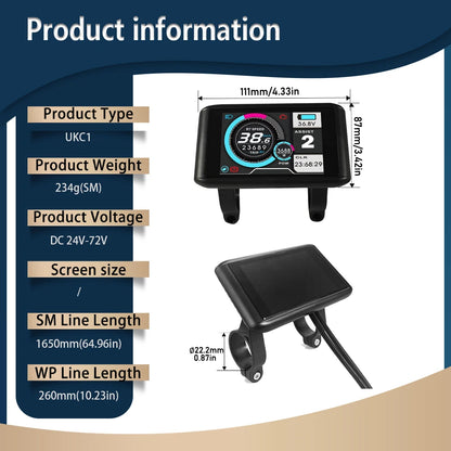 Electric Bike 36V-72V LCD UKC1 Color Display with UART 2 Communication for Electric Bike accessory with SM/Waterproof Connector