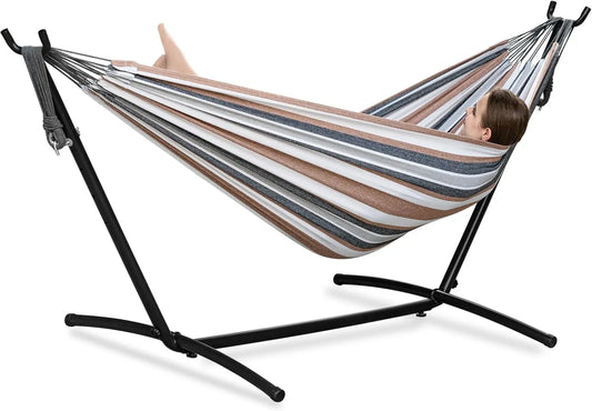 Double Hammock with Stand for Indoor Outdoor Use, Portable Steel Frame, Easy Assembly, 2 Person 450 lbs Capacity