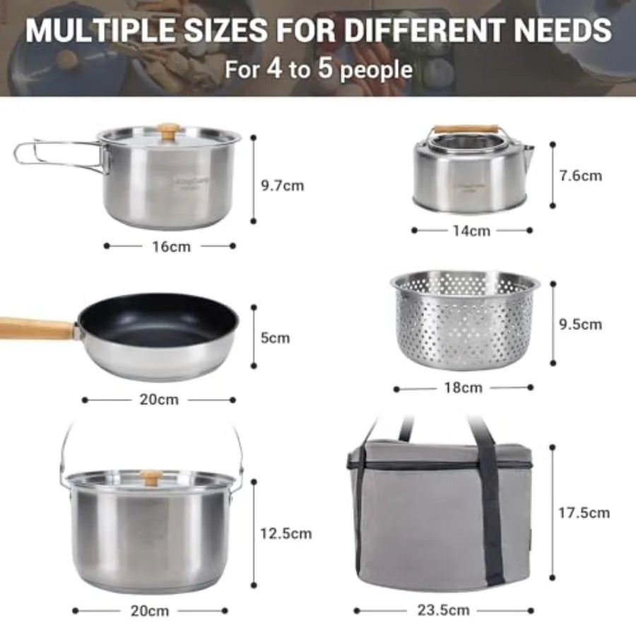 KingCamp 304 Stainless Steel Camping Cookware Set with Travel Tote Bag for Outdoor Kitchen Cooking Picnic Campfire Pots Pan and