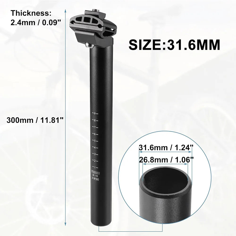 300mm Bike Seat Post 25.4/27.2/28.6/30.4/30.8/31.6mm Aluminum Alloy SeatPost Suitable for Bicycle Mountain Bike Road Bike MTB