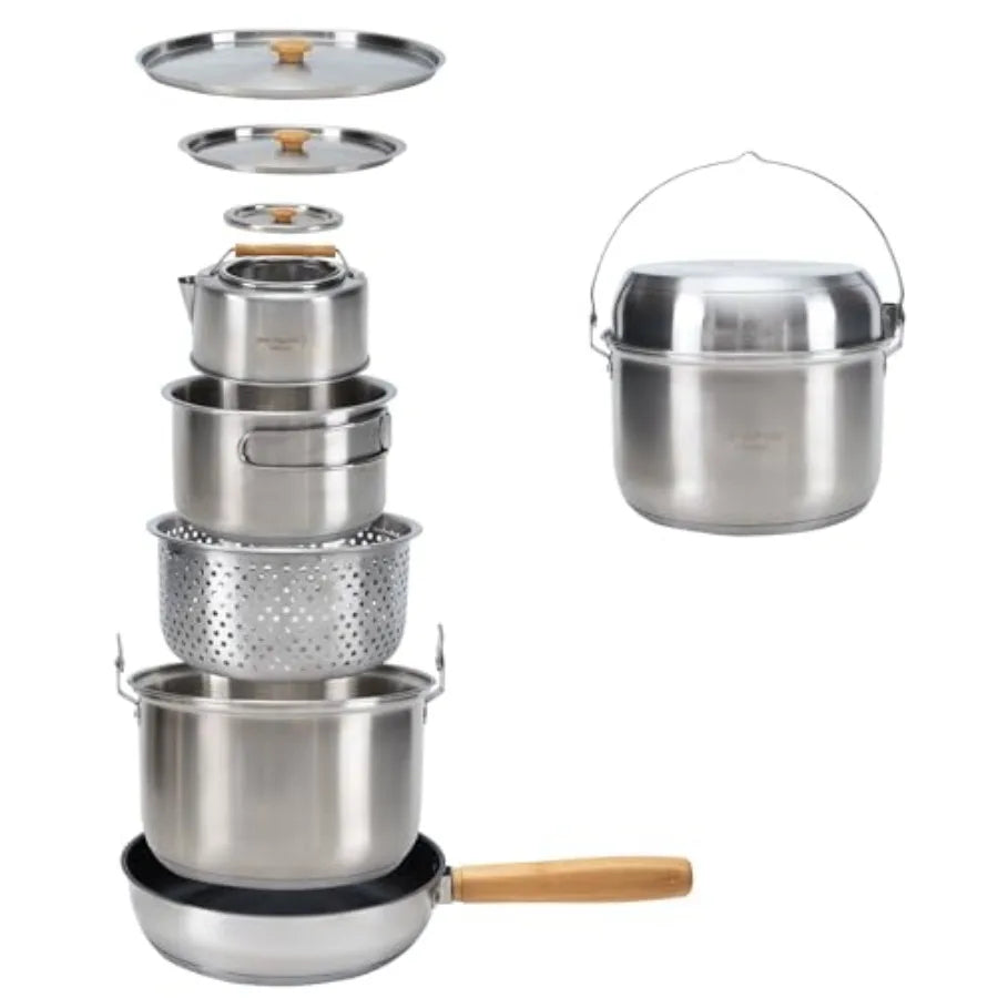 KingCamp 304 Stainless Steel Camping Cookware Set with Travel Tote Bag for Outdoor Kitchen Cooking Picnic Campfire Pots Pan and