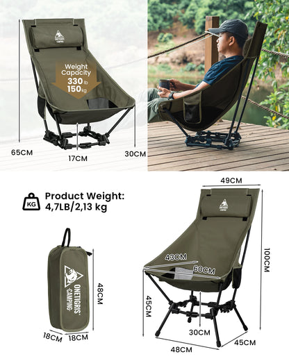 OneTigris Camping Folding Chairs Outdoor High Back Tourist Chair For Fishing Trekking BBQ Parties Gardening Beach Indoor Use