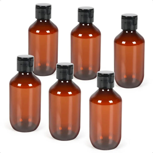 Travel Size Amber Bottles with Flip Cap 6 Pack 3.4oz Leak Proof Dispenser Containers for Toiletries Essential Oils and Shampoo