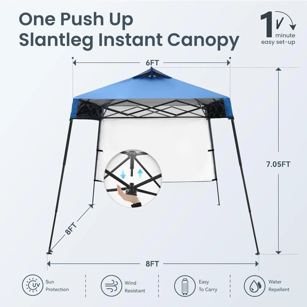8x8ft Pop Up Canopy Tent with Wheeled Bag & 4 Weight Bags, Instant One Push Portable Shelter with Slanted Legs, Blue