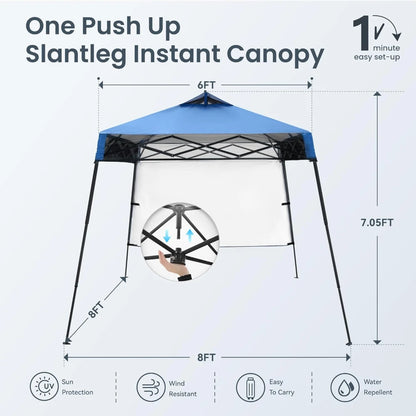 8x8ft Pop Up Canopy Tent with Wheeled Bag & 4 Weight Bags, Instant One Push Portable Shelter with Slanted Legs, Blue