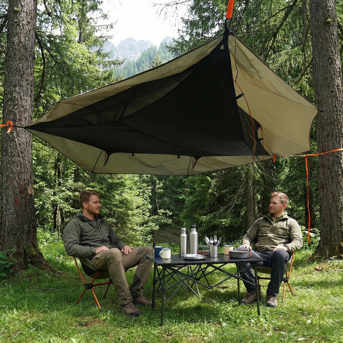 Outdoor Camping Hammock Quick Opening Hanging Hammocks Bed Net with Mosquito Net & RainFly 3 Point Hammock Tent Lay Flat Hammock