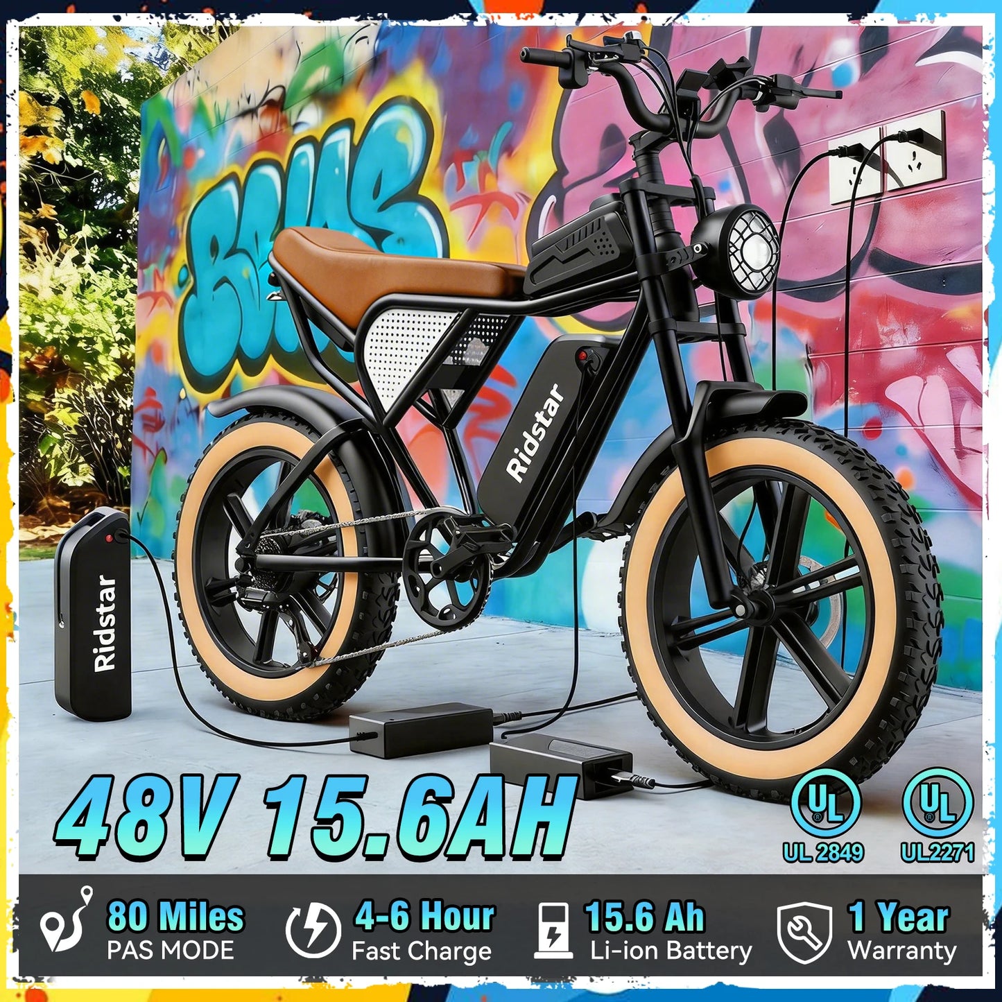 Ridstar LUXELITE30 Motor 1500W Electric Bike for Adults 31 MPH Battery 48V 15.6Ah  20" Electric Dirt Bike 7-Speed