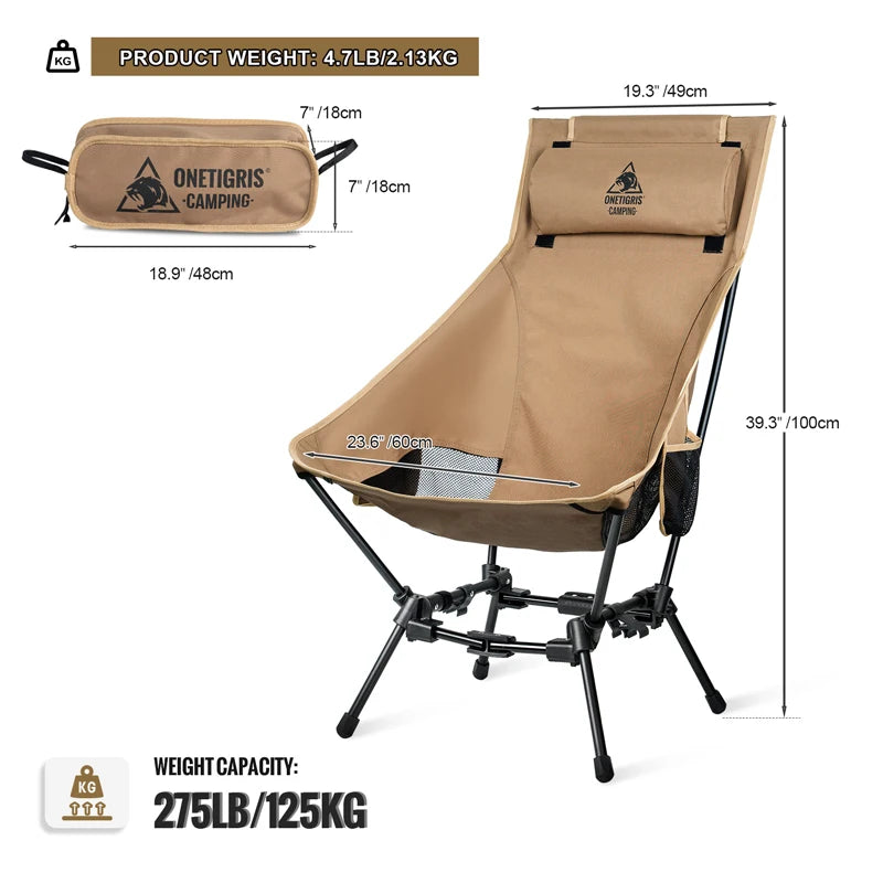 OneTigris Camping Folding Chairs Outdoor High Back Tourist Chair For Fishing Trekking BBQ Parties Gardening Beach Indoor Use