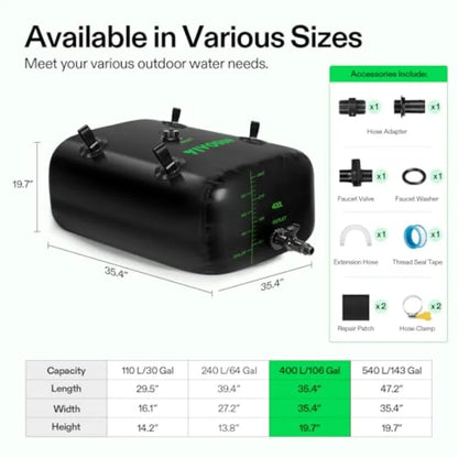 Foldable 400 L/106 Gal Water Storage Bladder for RV Camping Garden Irrigation Drought Resistance Firefighting White Portable Wa