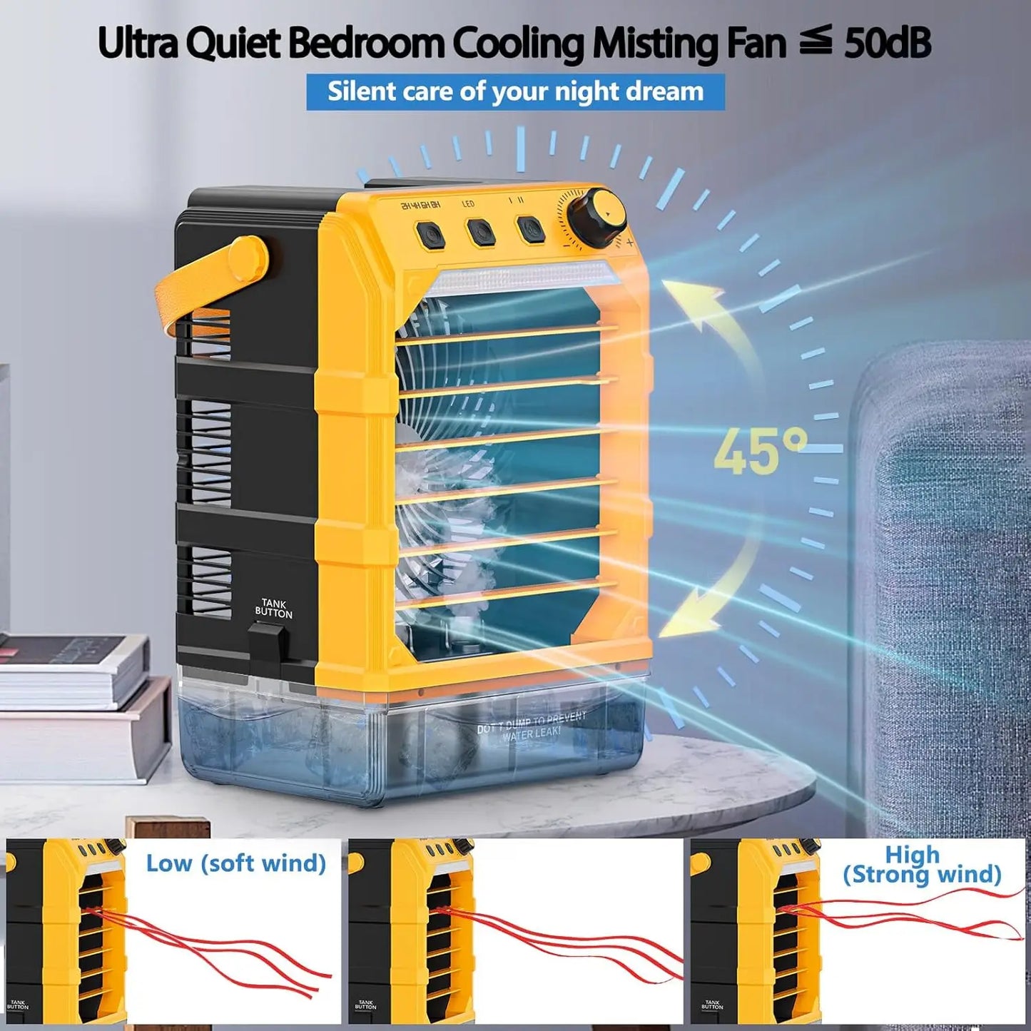 Portable Misting Fan with USB Power, 7 Lights, Timer & Large Water Tank for Camping Office Bedroom Cooling