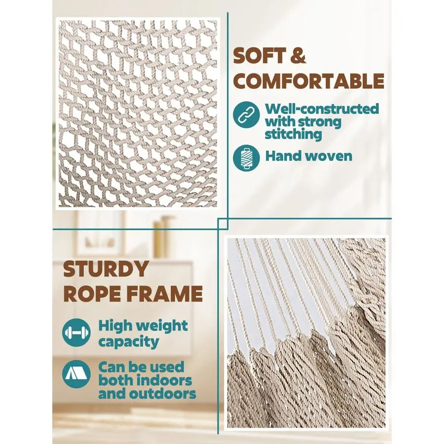 Hammock Chair Super Large SoftSpun Cotton Rope Weaving Hanging Chair, Collapsible Strong Metal Spreader Bar Wide Seat Lace Stret