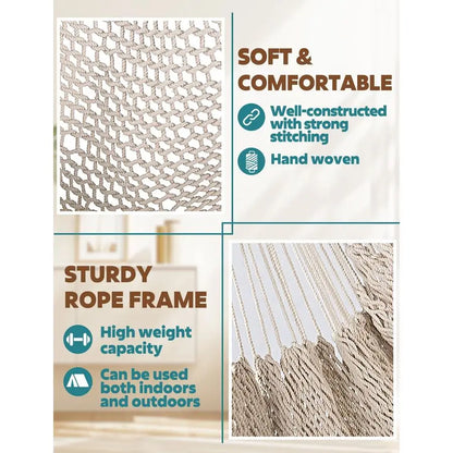 Hammock Chair Super Large SoftSpun Cotton Rope Weaving Hanging Chair, Collapsible Strong Metal Spreader Bar Wide Seat Lace Stret