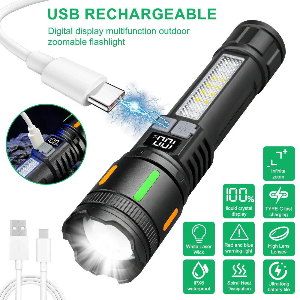 Smart Display LED Flashlight Rechargeable Type-c Torch Red/Blue Flashing Warning Light with Side Lamps Emergency Work Light