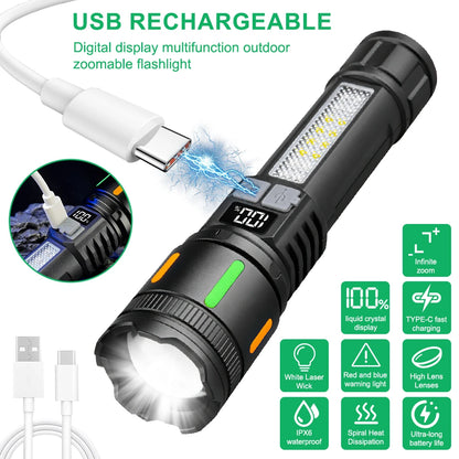 Smart Display LED Flashlight Rechargeable Type-c Torch Red/Blue Flashing Warning Light with Side Lamps Emergency Work Light