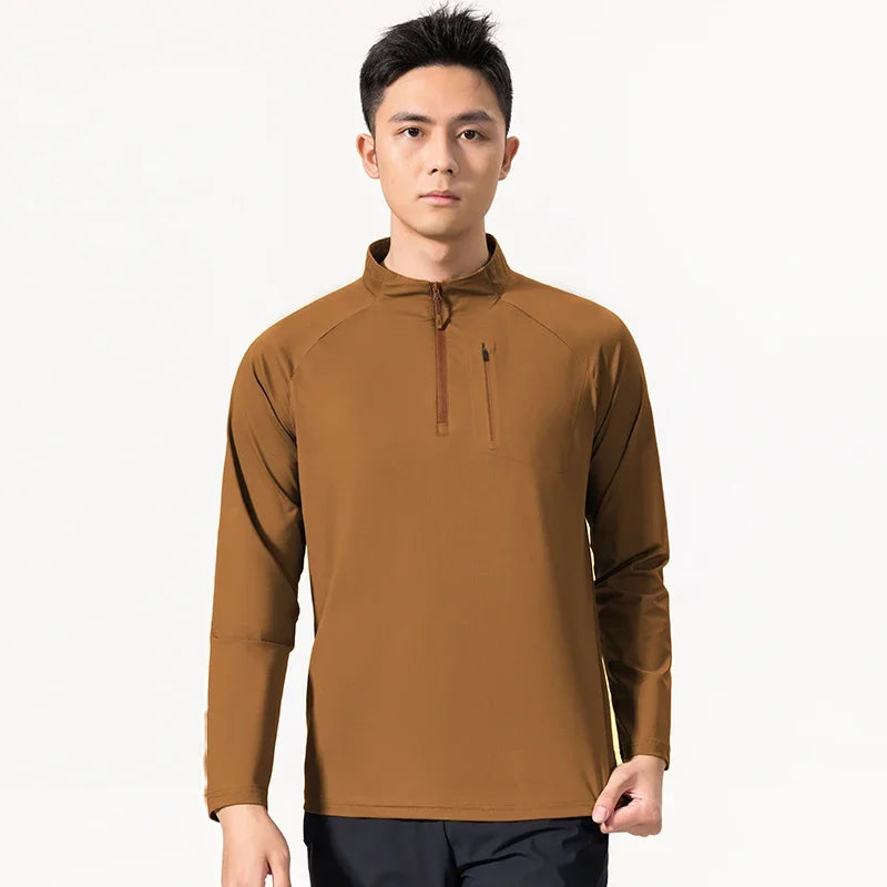 Quick-drying Gym Polo Shirts Men Summer Stand Collar Stretch Long Sleeves Outdoor Lightweight Zipper Pockets Sports Shirts