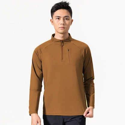 Quick-drying Gym Polo Shirts Men Summer Stand Collar Stretch Long Sleeves Outdoor Lightweight Zipper Pockets Sports Shirts