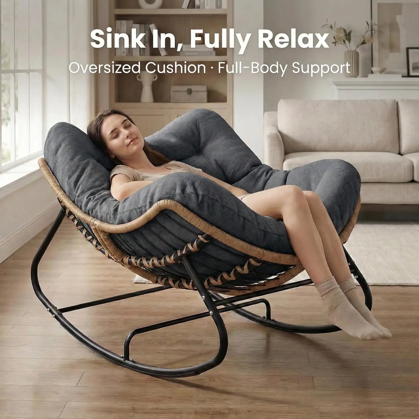 Outdoor Rocking Chair, Oversized Patio Papasan Rocker, Comfy Wicker Reading Lounge, Indoor Egg Chair for Bedroom,, Customized