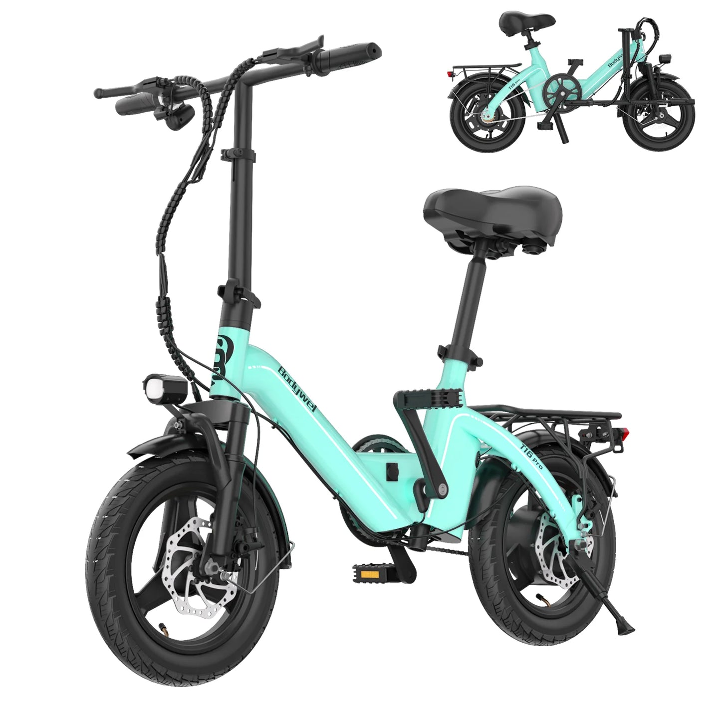 14" Foldable Electric bicycle for Adult, Peak 500W Motor with 36V 10.4Ah Removable Battery EBike Dual Disc Brake Bodywel T16pro