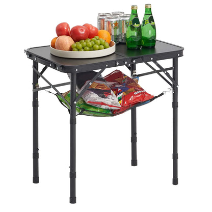 SucceBuy Folding Camping Table Adjustable Height Portable Side Tables Aluminum MDF Beach Table with Mesh Layer for Picnic BBQ
