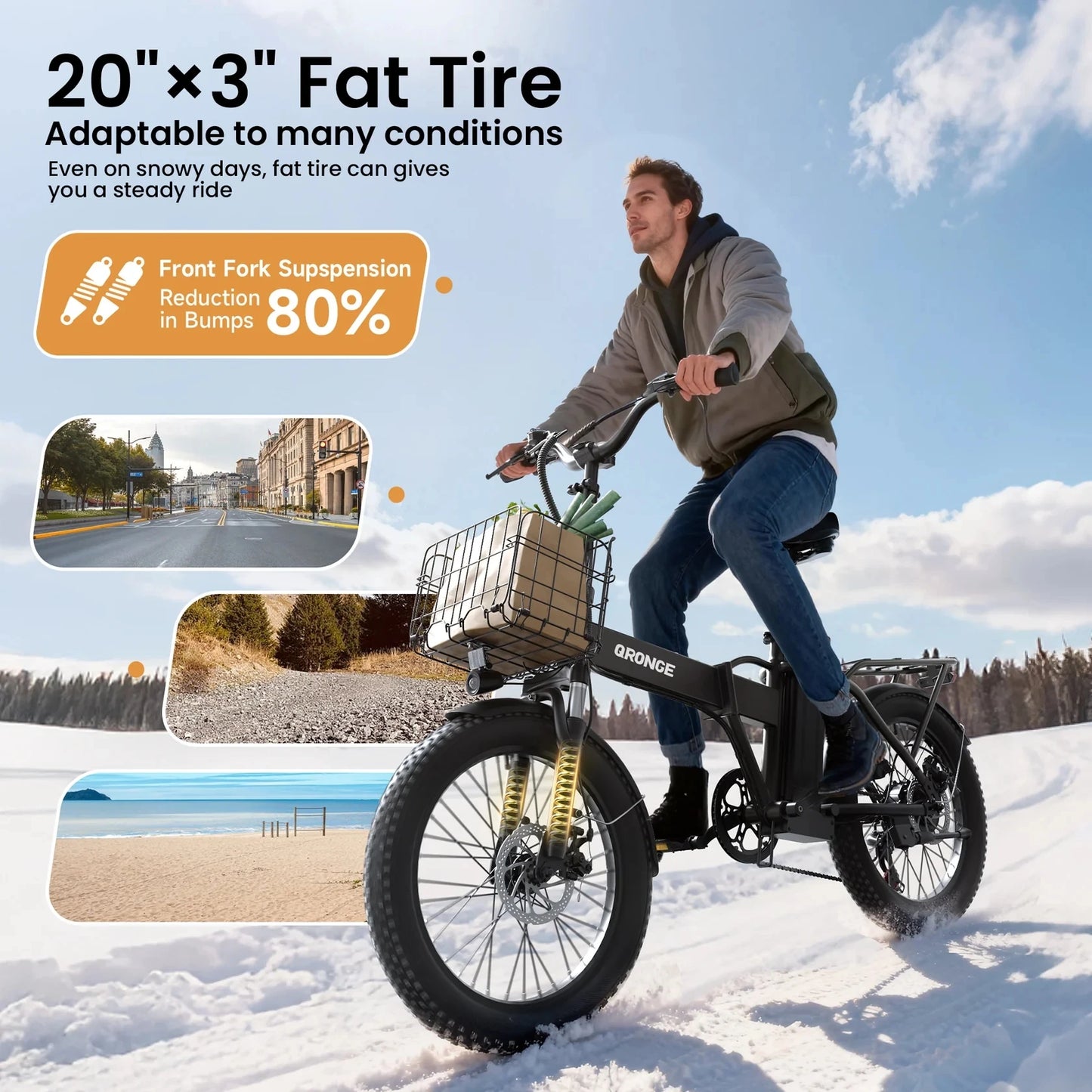 QRONGE Waterfall Folding Electric Bike 1000W Peak 48V 13.5AH Removable Battery Electric Bicycle 20" Fat Tire 28 MPH max E-Bike