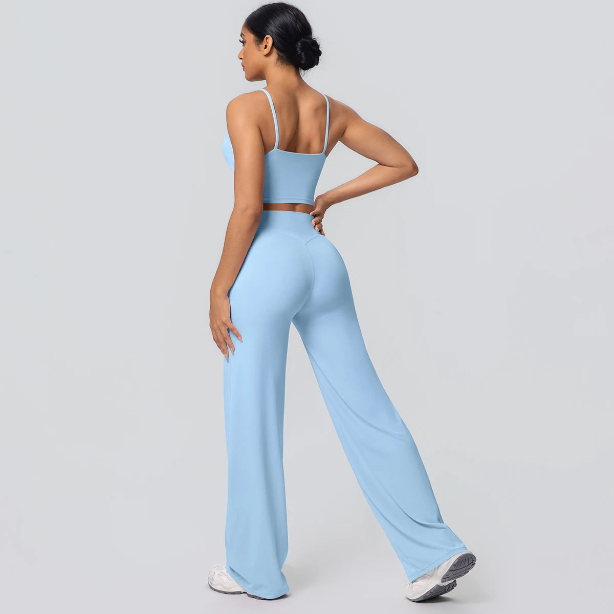 Women Quick Drying Gym Sports Fitness Clothing Yoga Set Backless Sexy Strap Bra with Chest Pad High Waisted Wide Leg Pants Set