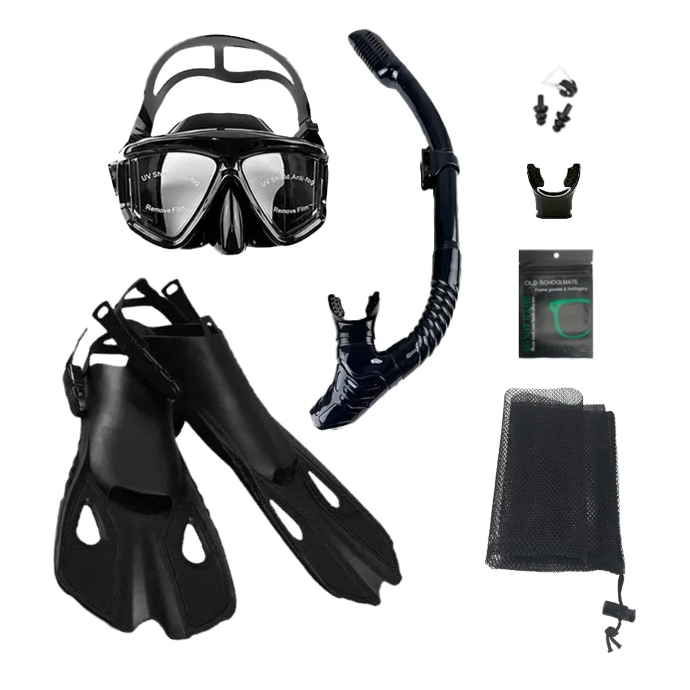 Mask Fins Snorkel Set, Snorkeling Gear for Adults, Panoramic View Snorkel Mask Anti-Fog, Adjustable Dive Flippers, Dry Top Snork