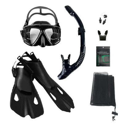 Mask Fins Snorkel Set, Snorkeling Gear for Adults, Panoramic View Snorkel Mask Anti-Fog, Adjustable Dive Flippers, Dry Top Snork