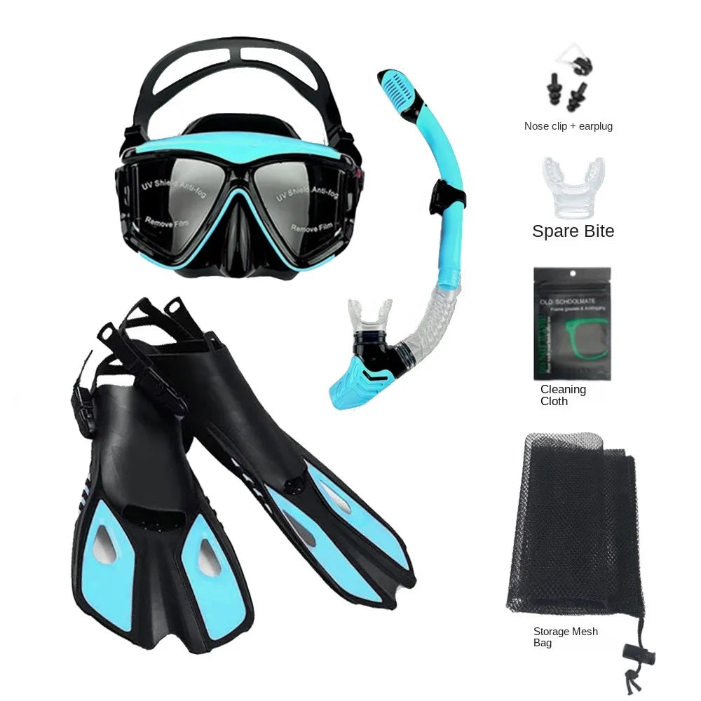 Mask Fins Snorkel Set, Snorkeling Gear for Adults, Panoramic View Snorkel Mask Anti-Fog, Adjustable Dive Flippers, Dry Top Snork