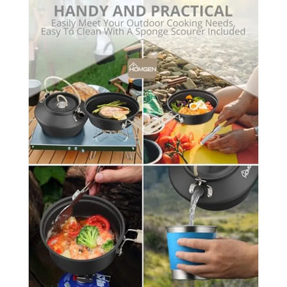 Ultralight Anodized Aluminum Camping Cookware Set for 2 People - Nesting Non Stick Pot/Pan with Foldable Handles Insulated Teap