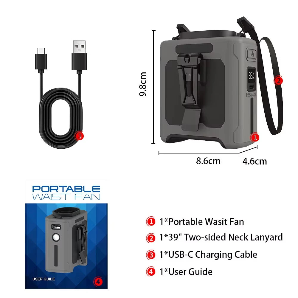 10000mAh Portable Mini Waist Fan Wearable Personal Fan 5 Speed USB Rechargeable Waist Clip Fan Mobile Power for Outdoor