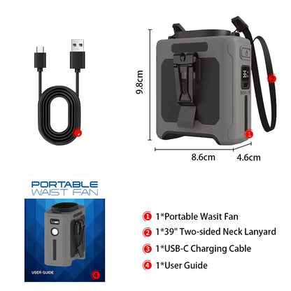 10000mAh Portable Mini Waist Fan Wearable Personal Fan 5 Speed USB Rechargeable Waist Clip Fan Mobile Power for Outdoor
