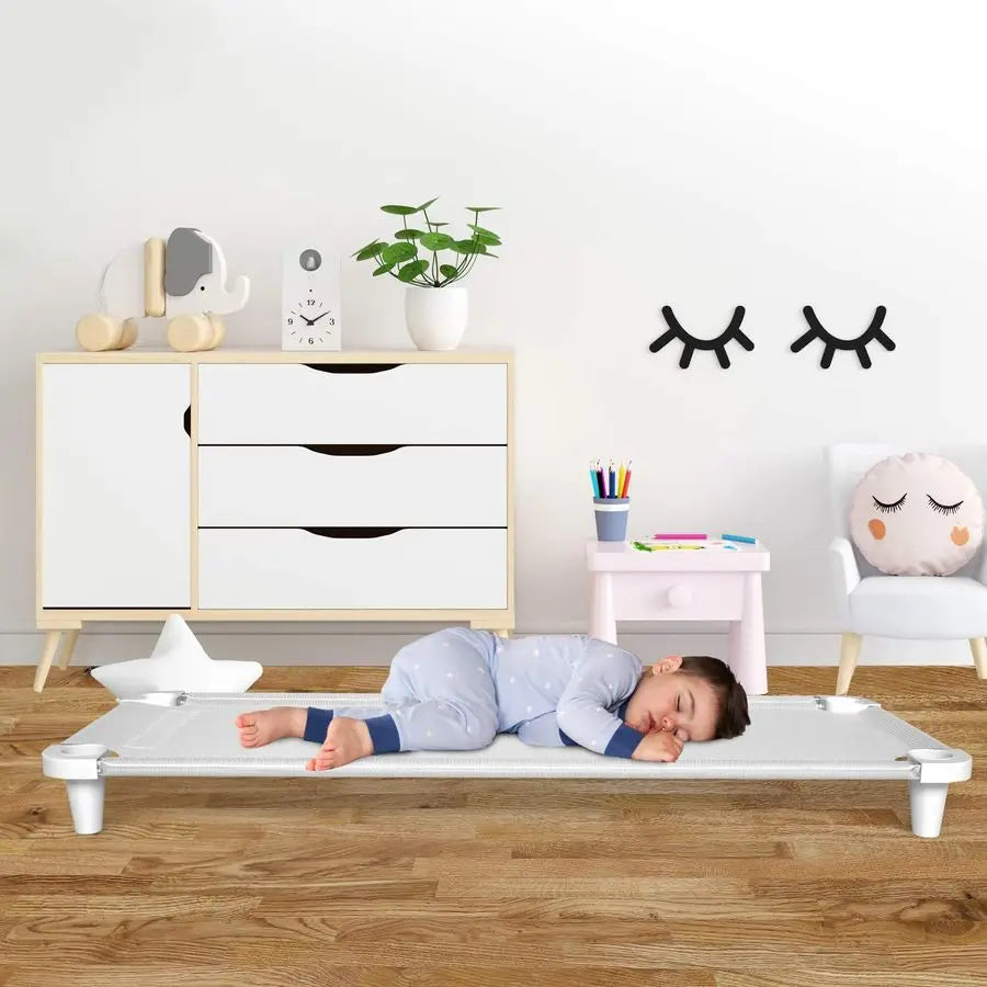 Nap Cot for Kids, Portable Toddler Child Bed, Stackable, 52 L Stainless Steel Tubes White Breathable Mesh Fabric White Feet 1 Pa