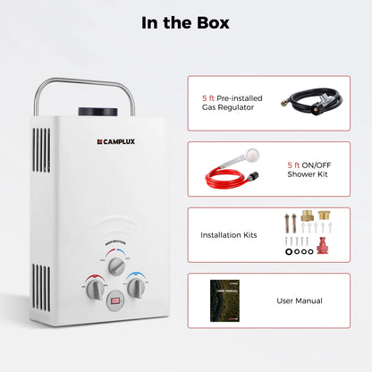 CAMPLUX Portable Water Heater, 1.58 GPM Tankless Propane Water Heater, 41,000 BTU Outdoor Water Heater for Camping, BW158, White