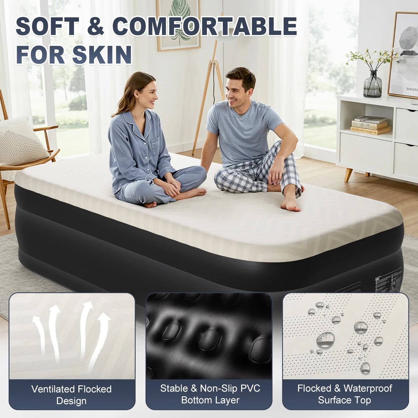 Twin Air Mattress with Built-In Pump, 18in Foam Topper Blow up Mattress, Quick Inflation/Deflation Inflatable Mattress