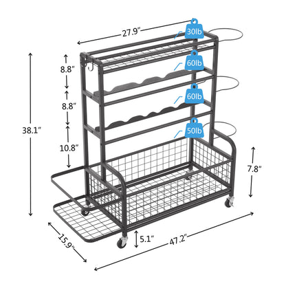 4 Tier Metal Storage Organizer with Rolling Wheels for Basketball Sports Equipment Organizer for Yoga Mat  Football
