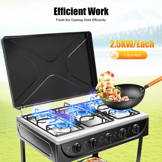 Natural Gas Stove with 5 Burners Outdoor 5-Burner Stove Portable Gas Stove Manual Ignition with 2 Placement Boards
