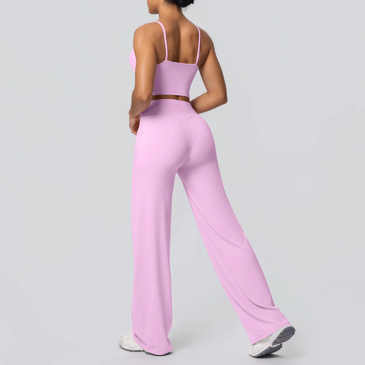Women Quick Drying Gym Sports Fitness Clothing Yoga Set Backless Sexy Strap Bra with Chest Pad High Waisted Wide Leg Pants Set