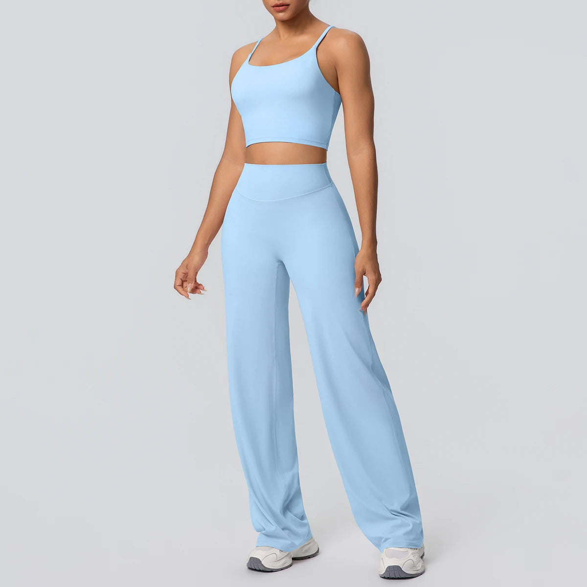 Women Quick Drying Gym Sports Fitness Clothing Yoga Set Backless Sexy Strap Bra with Chest Pad High Waisted Wide Leg Pants Set