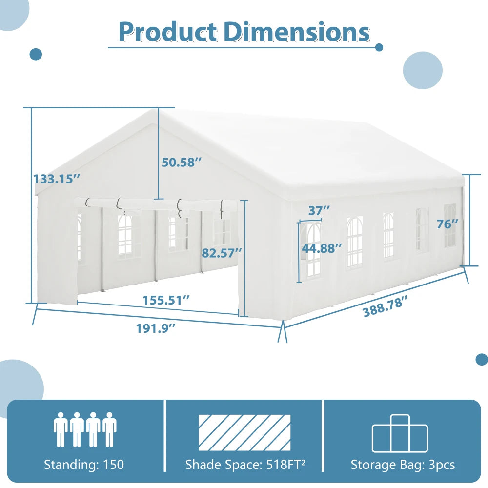 20x32 FT Party Tent with 3 Storage Bags & Removable Sidewalls, Outdoor Canopy Gazebo for Camping Garden Wedding BBQ Commercial