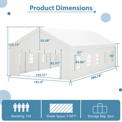 20x32 FT Party Tent with 3 Storage Bags & Removable Sidewalls, Outdoor Canopy Gazebo for Camping Garden Wedding BBQ Commercial