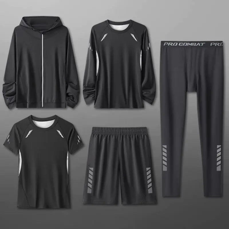 Quick Drying Sports Suits Four Piece Set for Men's Breathable Gym 5 PCS Clothes Tight Fitting Equipment Morning Running Sets