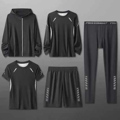 Quick Drying Sports Suits Four Piece Set for Men's Breathable Gym 5 PCS Clothes Tight Fitting Equipment Morning Running Sets